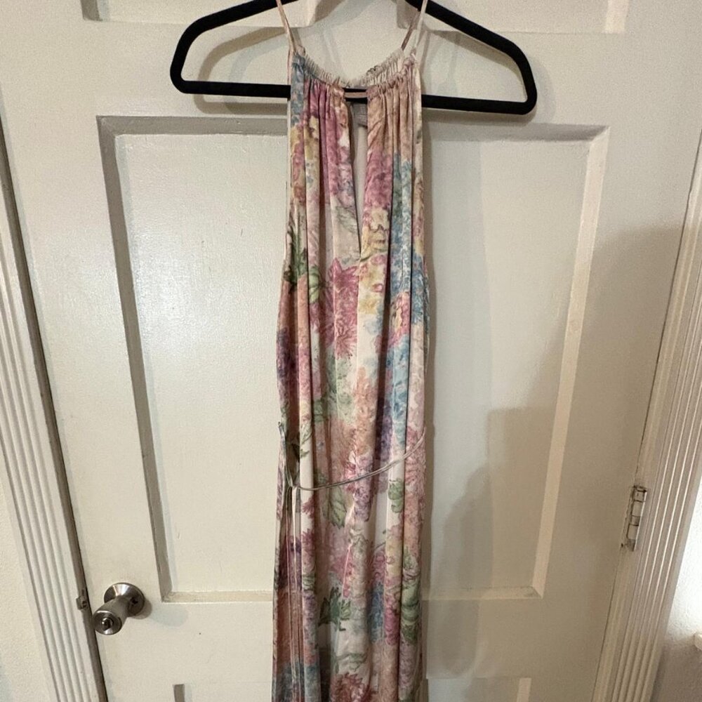 Watercolor Floral Halter Maxi Dress w/ Keyhole & Tie Waist – Pastel Multicolor